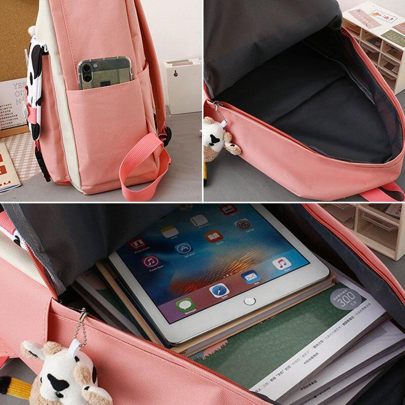 5 PCS Canvas Preppy Cow Pattern Multifunction Combination Bag Backpack Tote Crossbody Bag Clutch Wallet