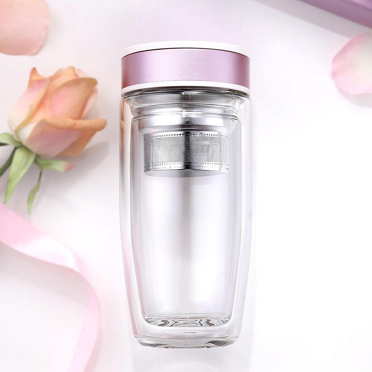 380ML Double Wall Glass Tea Tumbler Water Bottle with Filter Infuser Travel Mug