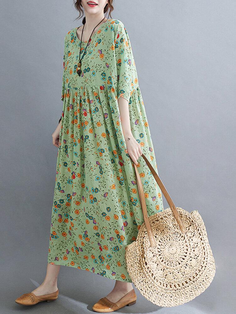 Casual Floral Printed Loose Fit O-Neck Maxi Dress For Women