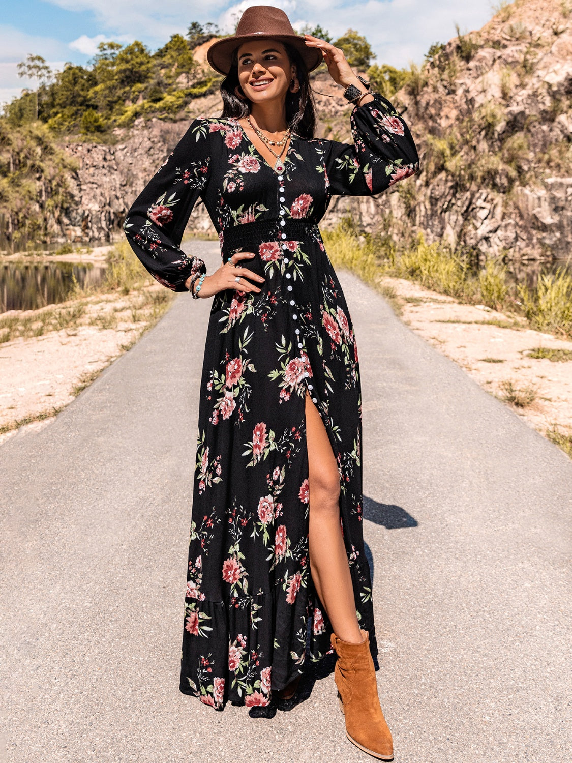 Floral V-Neck Split Maxi Dress