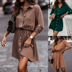 Solid Color Waist Belt With Buttons And Sleeves Dress