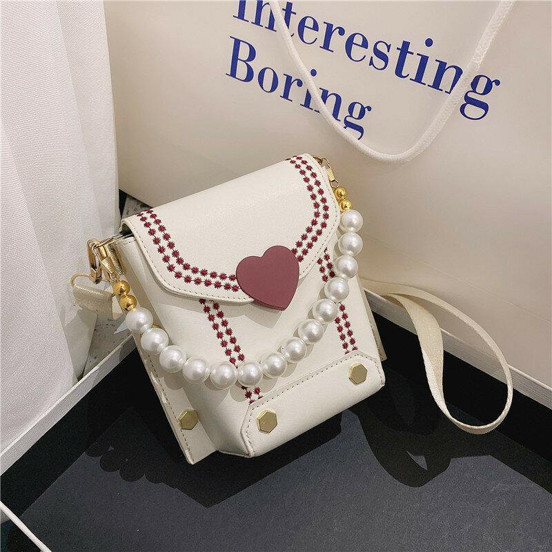 Bolso de mano con cadena de perlas y cerrojo en forma de corazón de cuero PU para mujer, bolso de hombro, bolsos cruzados 