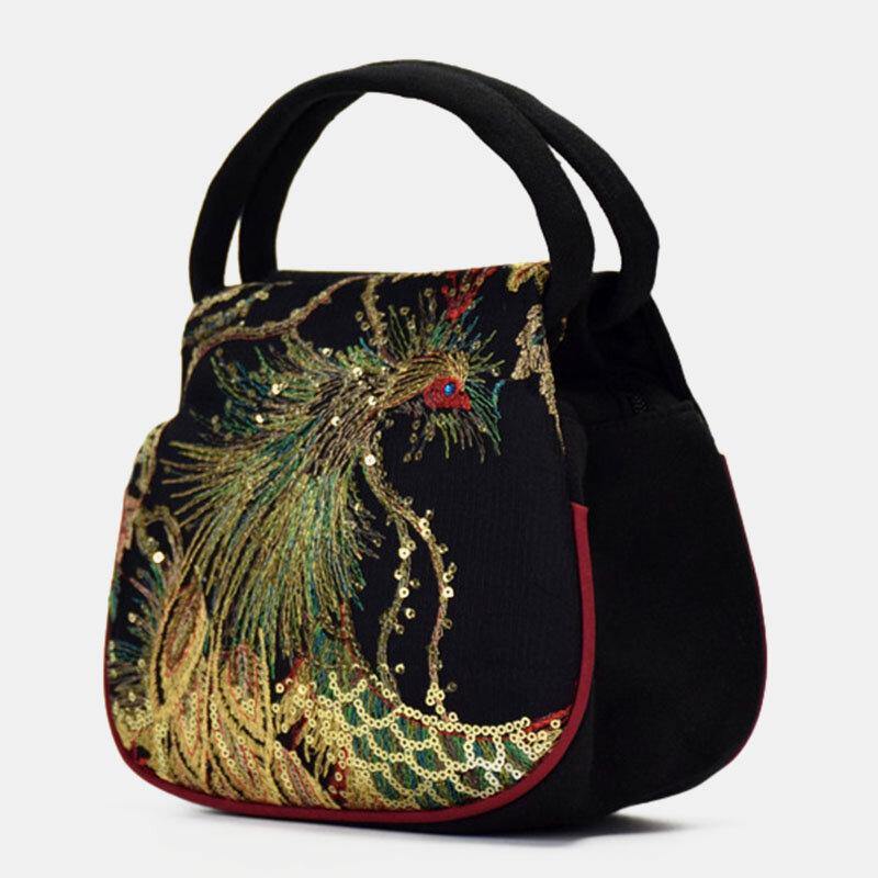 Women Canvas Ethnic Style Embroidery Peacock Pattern Casual Elegant Mini Ladies Handbag