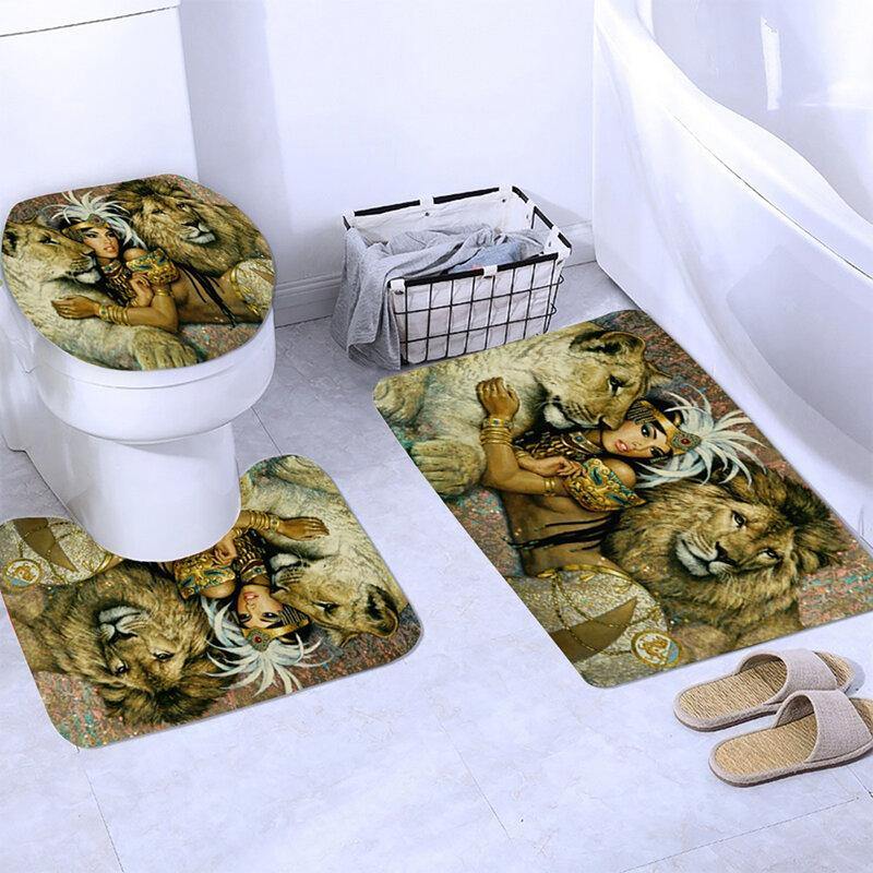 African Woman Egypt Queen and Lion Waterproof Bathroom Set Shower Curtain Bath Mats Floor Doormat Rugs