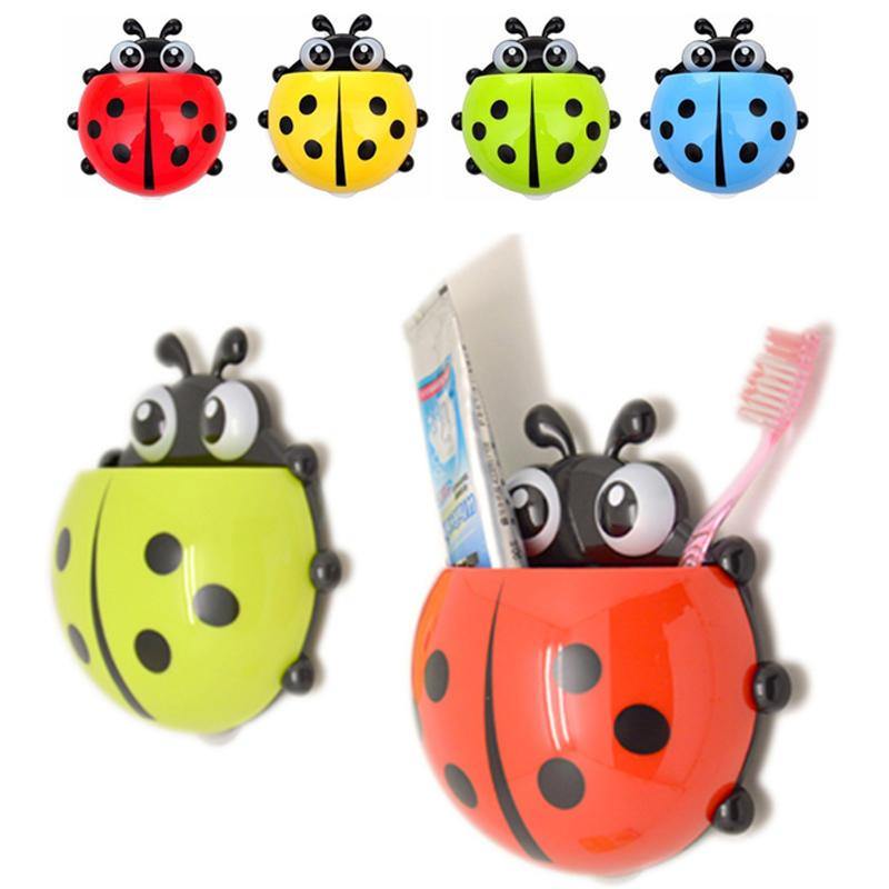 4 Color Toothbrush Cup Holder Storage Rack for Home Bathroom Organizer Ladybug Toothbrush Holder Strong Suction Cup Creative Cartoon PVC Wall Mount