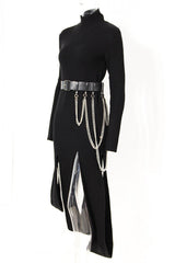 Dream Architect Asymmetrical Hem Knitted Dress with Chain Belt