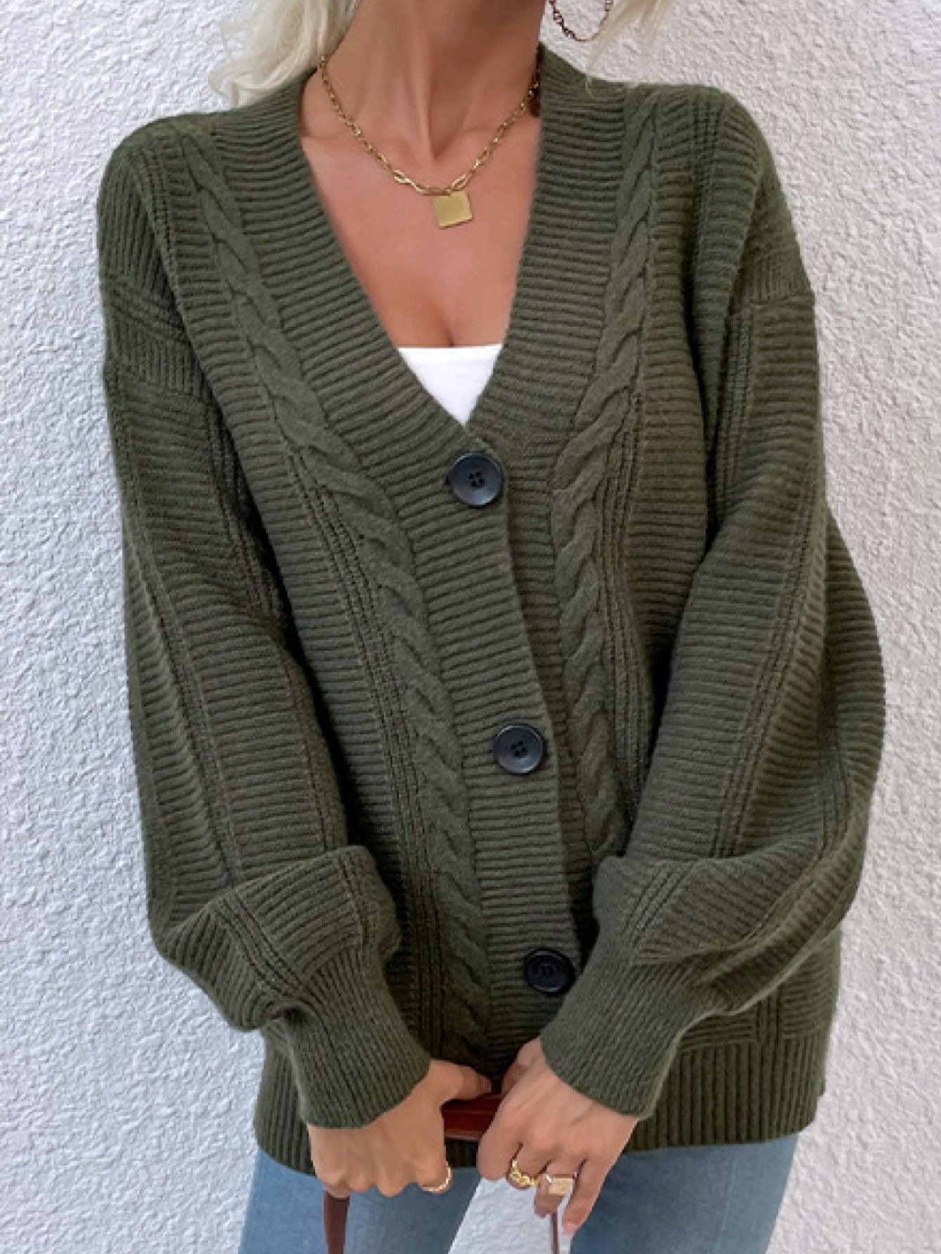 Zopfmuster-Cardigan mit Knopfleiste und geripptem Saum