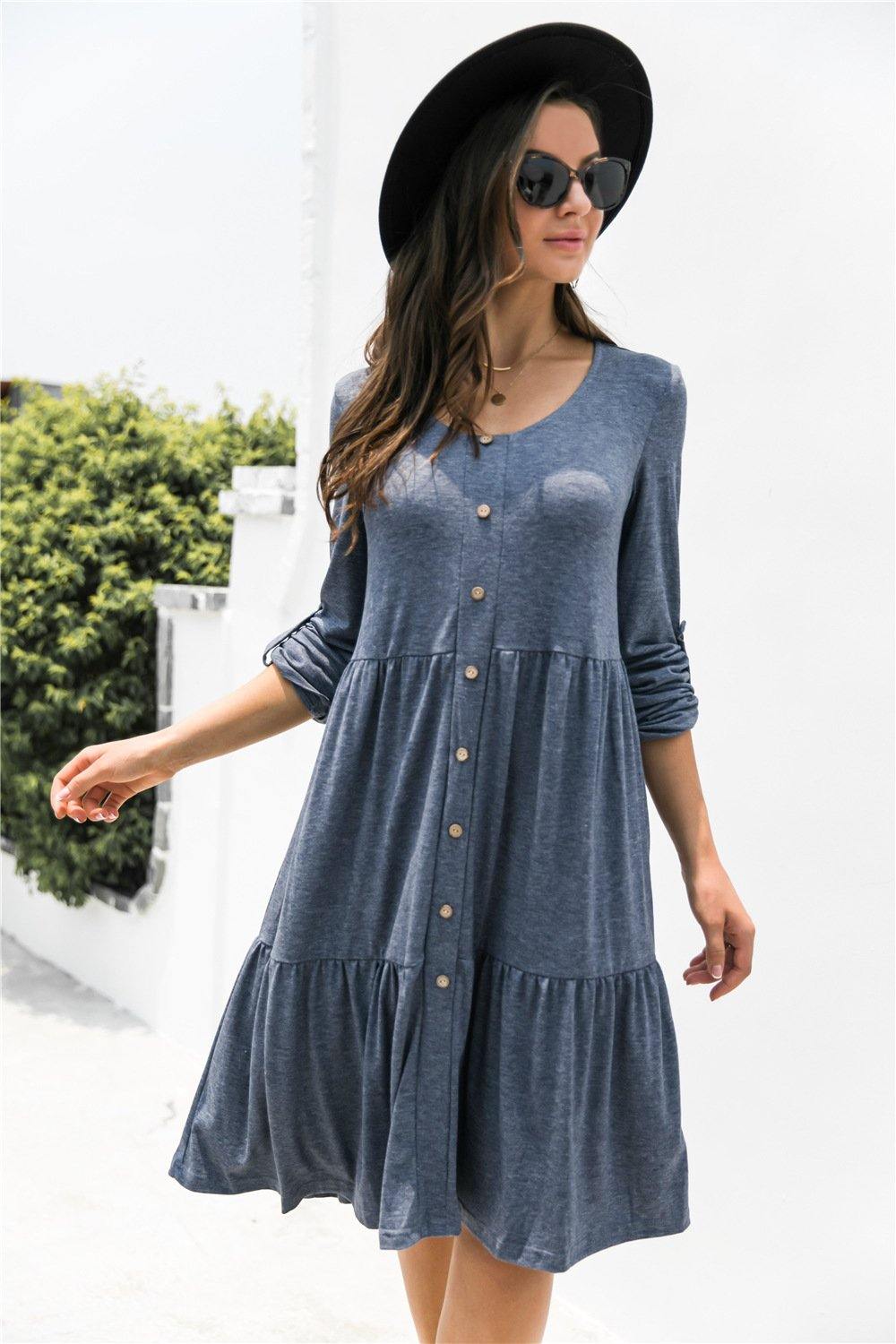 Button Down Rolled Sleeve Ruffle Dress