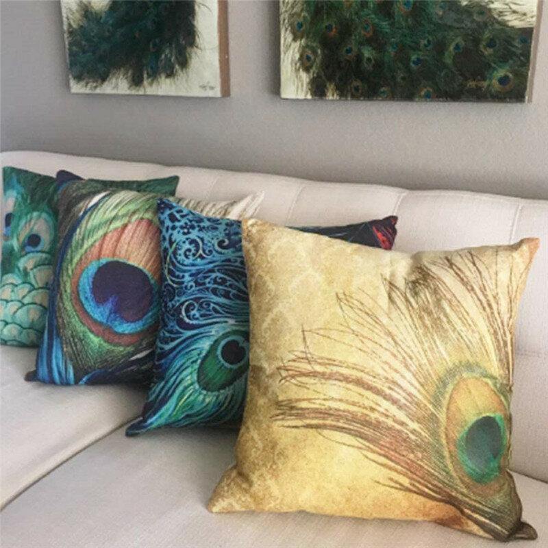 Linen Cushion Cover Peacock Feather Throw Pillow Case Home Sofa Cover