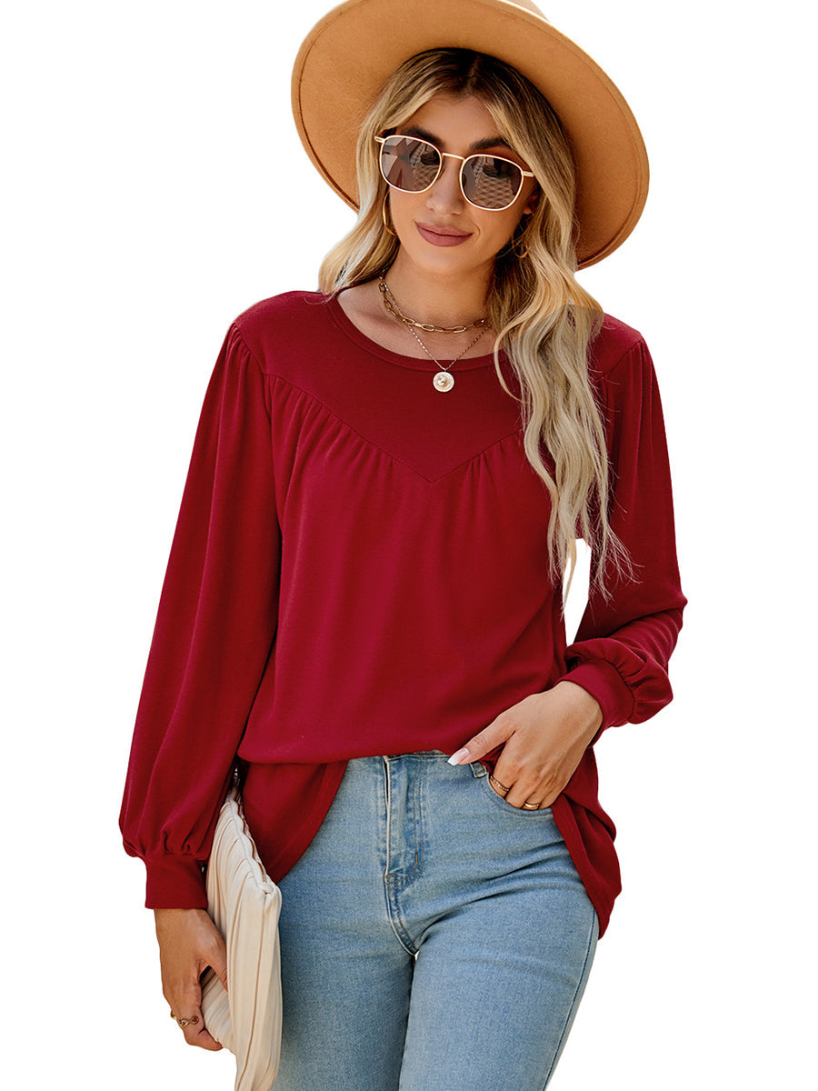 Women’s T-Shirts Lantern Sleeve Round Neck Long Sleeve Casual T-Shirt