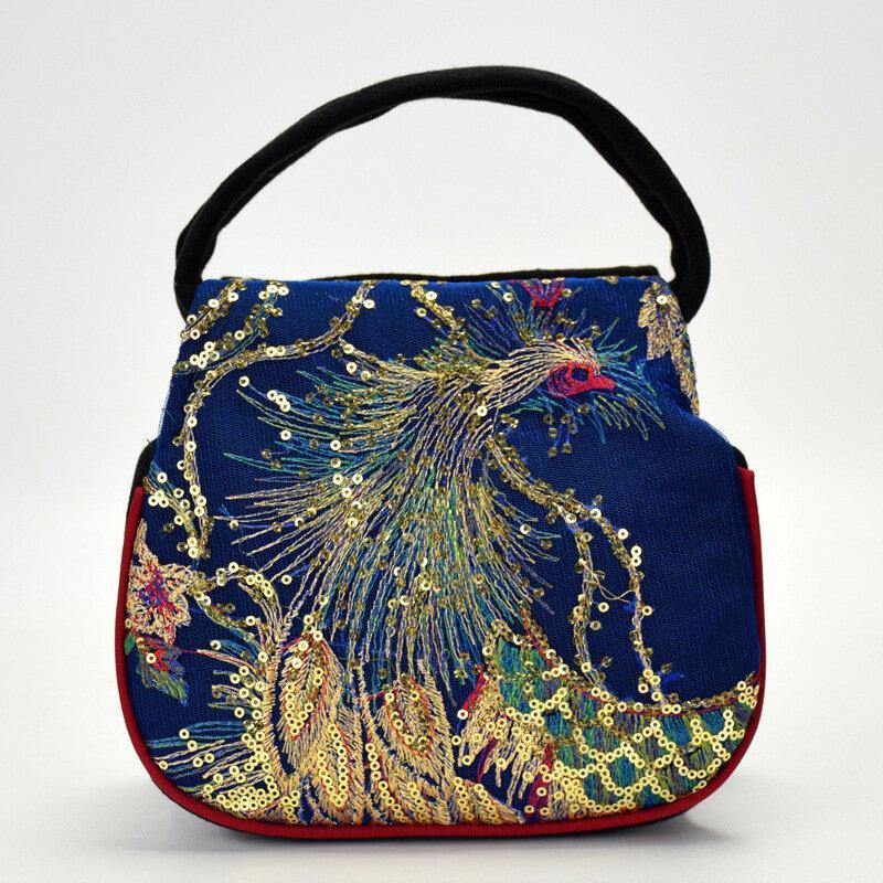 Women Canvas Ethnic Style Embroidery Peacock Pattern Casual Elegant Mini Ladies Handbag