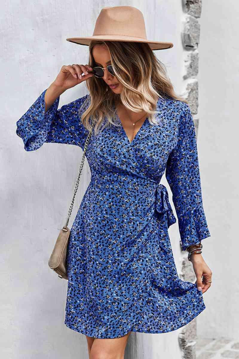 Floral Flare Sleeve Wrap Dress