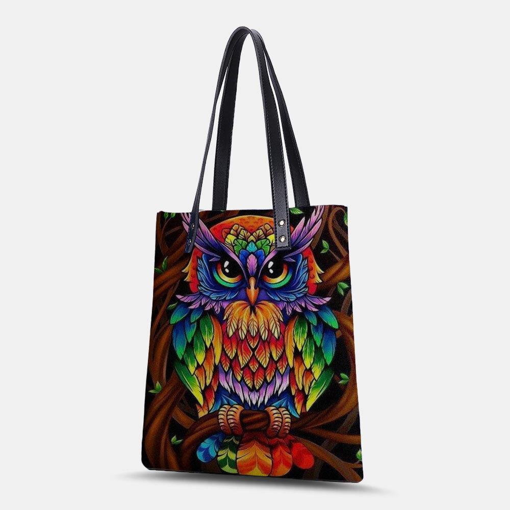 Color Owl Print Pattern Leather Tote Bag Sticker Shoulder Bag Handbag Tote With Built-in Small Bag