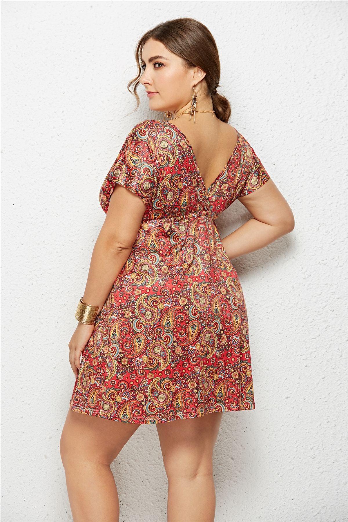 Printed Plunge Plus Size Dress