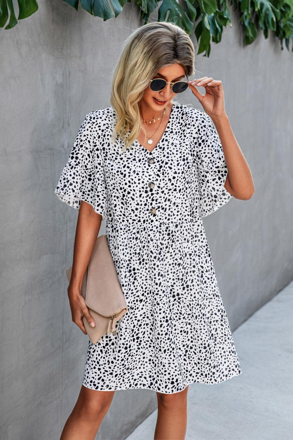 Printed Mid Flounce Sleeve Buttoned Dress