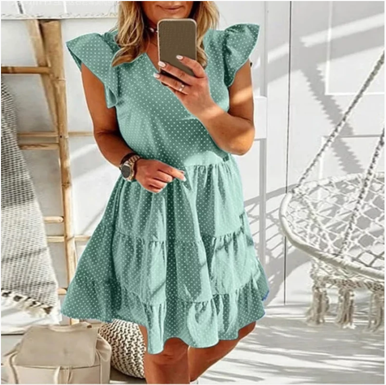 Digital print V-neck ruffled dress