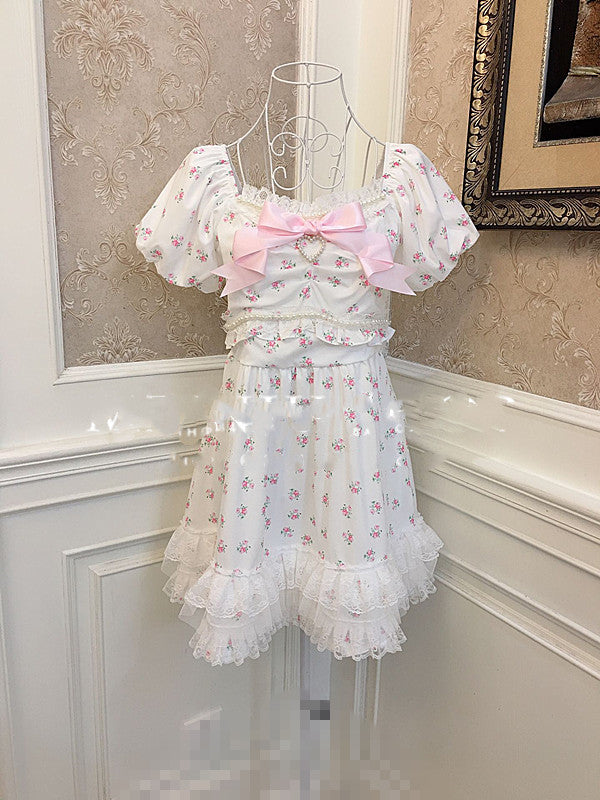 Sweetheart Princess Bowknot Love Diamond Pearl Rose Cake Lace Ruffled Puff Sleeve Waist Dress