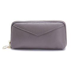 Bolso de mano de cuero genuino para mujer Cartera larga con cremallera Monedero de dos pliegues 