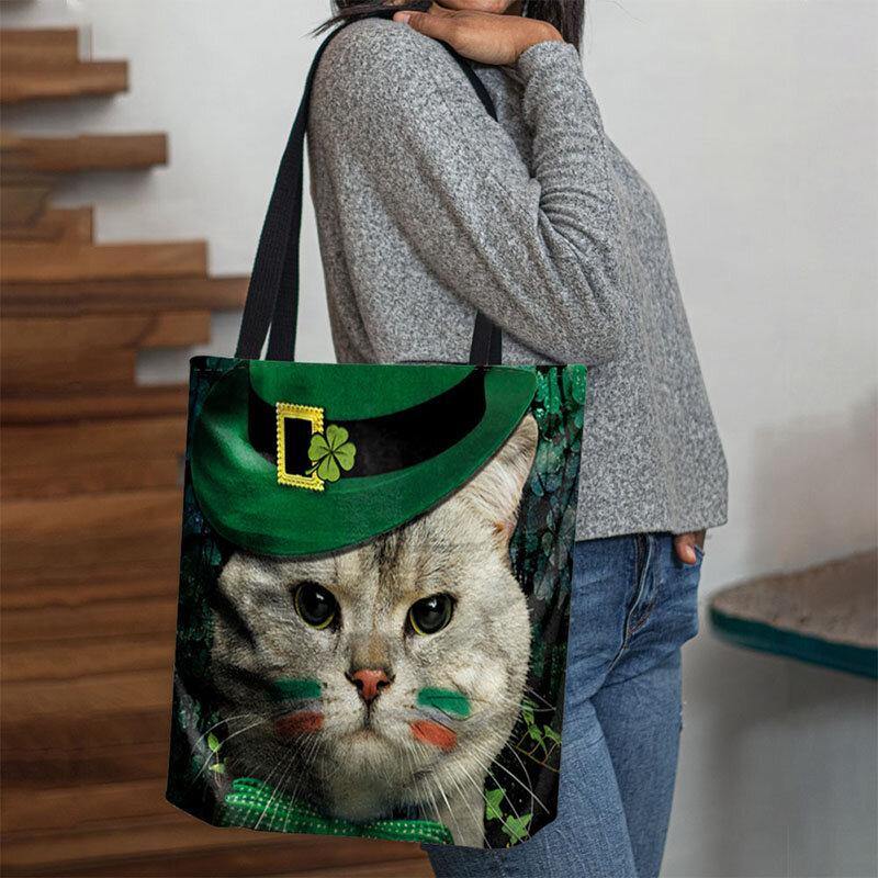 Mujer Trébol Gato Patrón Imprimir Feliz Día de San Patricio Bolso de hombro Bolso Tote 