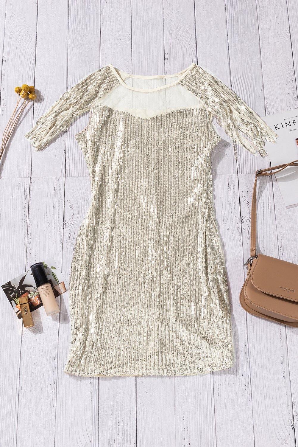 Mesh Panel Tassel Sequins Bodycon Dress