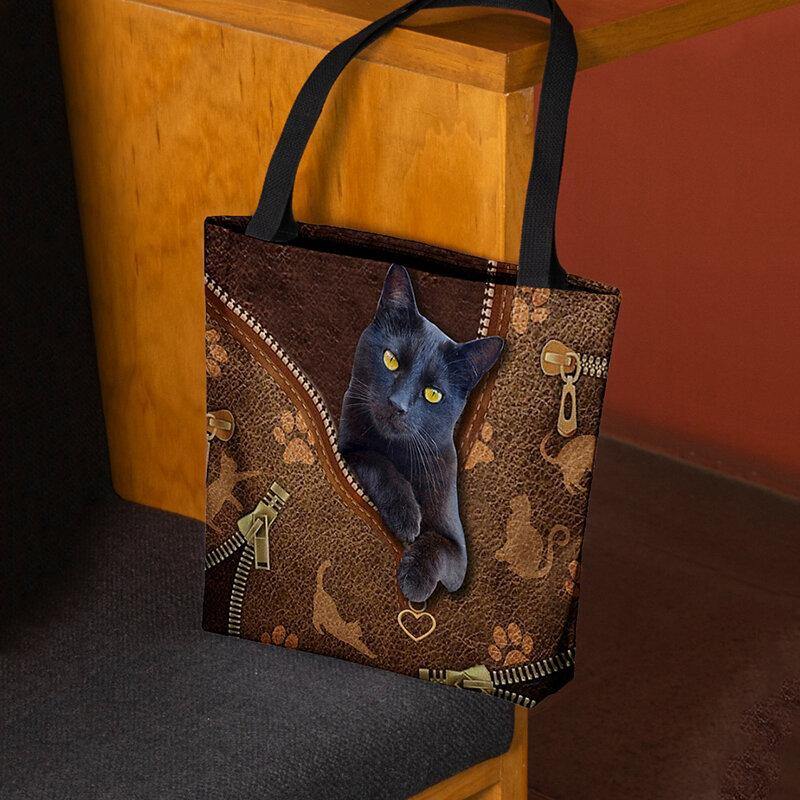 Las mujeres sintieron lindo 3D tridimensional de dibujos animados gato negro patrón bolso de hombro bolso de mano 