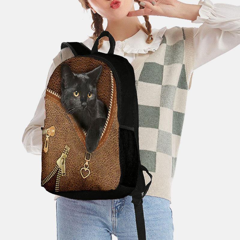 Frauen Oxford Patchwork Große Kapazität Cartoon Katze Reißverschluss Muster Druck Rucksack 