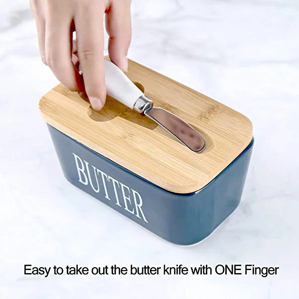 Porcelain Butter Dish with Bamboo Lid - Covered Butter Dish with Butter Knife for Countertop