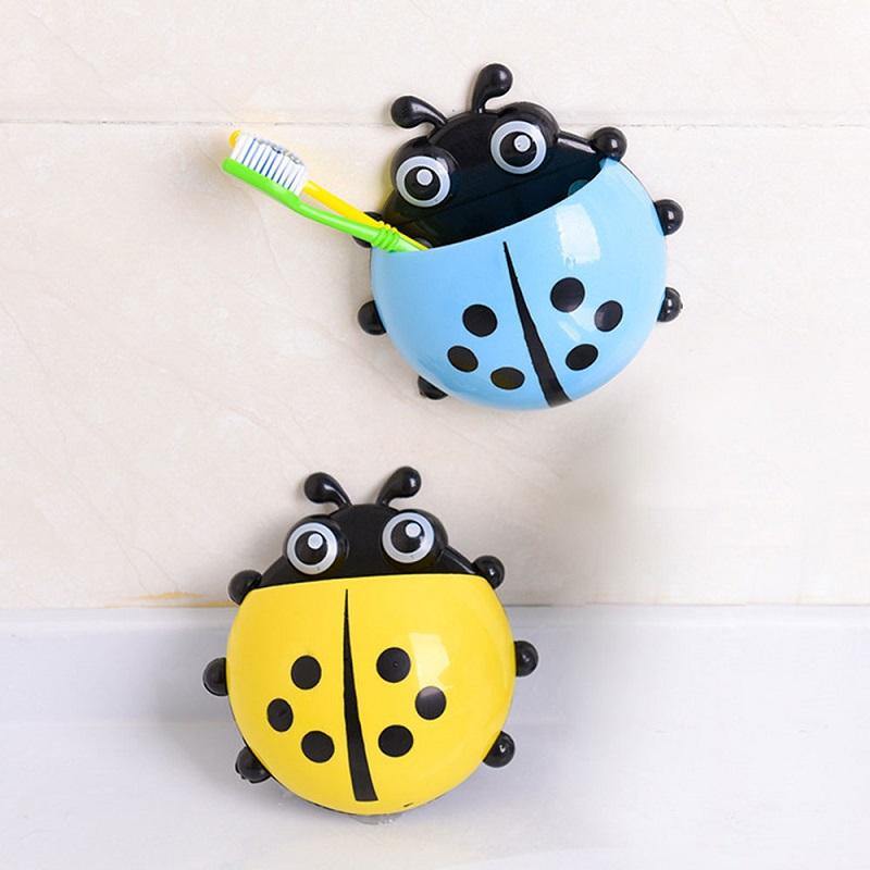 4 Color Toothbrush Cup Holder Storage Rack for Home Bathroom Organizer Ladybug Toothbrush Holder Strong Suction Cup Creative Cartoon PVC Wall Mount