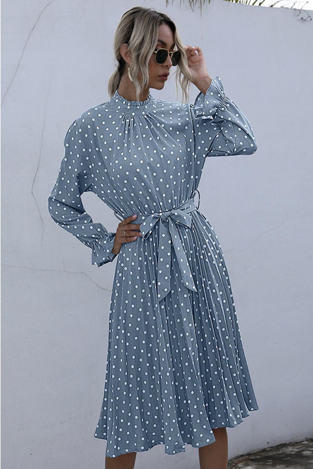 Polka Dot Pleated Dress With Belt