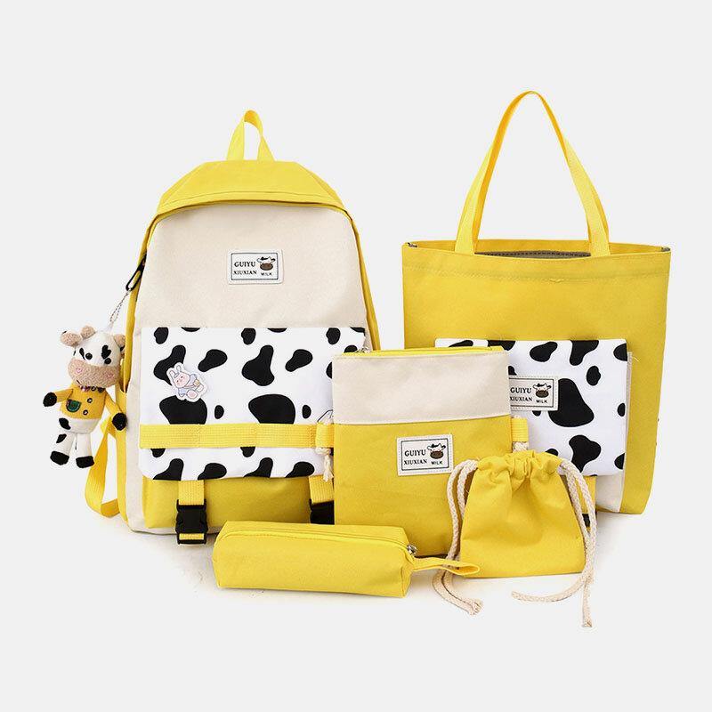 5 PCS Canvas Preppy Cow Pattern Multifunction Combination Bag Backpack Tote Crossbody Bag Clutch Wallet