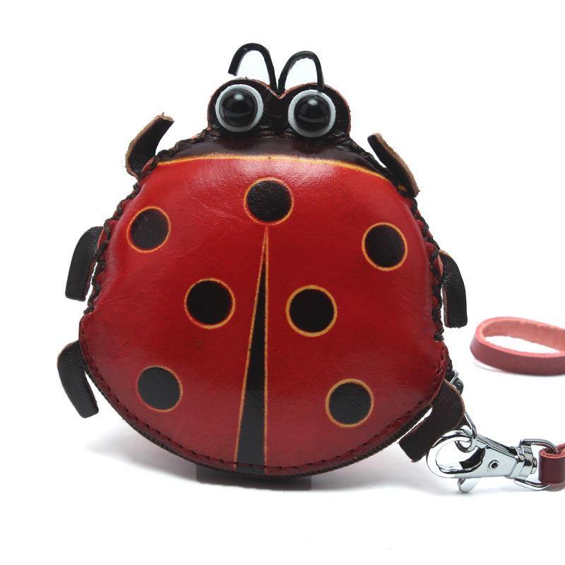 Women Genuine Leather Ladybug Pattem Mini Coins Bag Card Holder Coin Purse