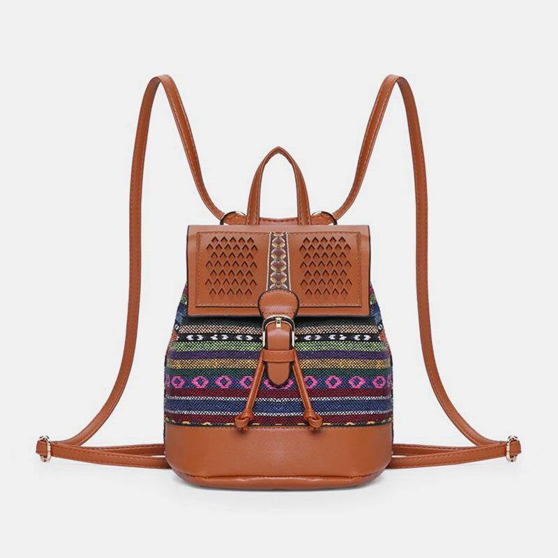 Women Hollow Stitching Ethnic Style Straw Bag Backpack Woven Shoulder Bag Bucket Bag