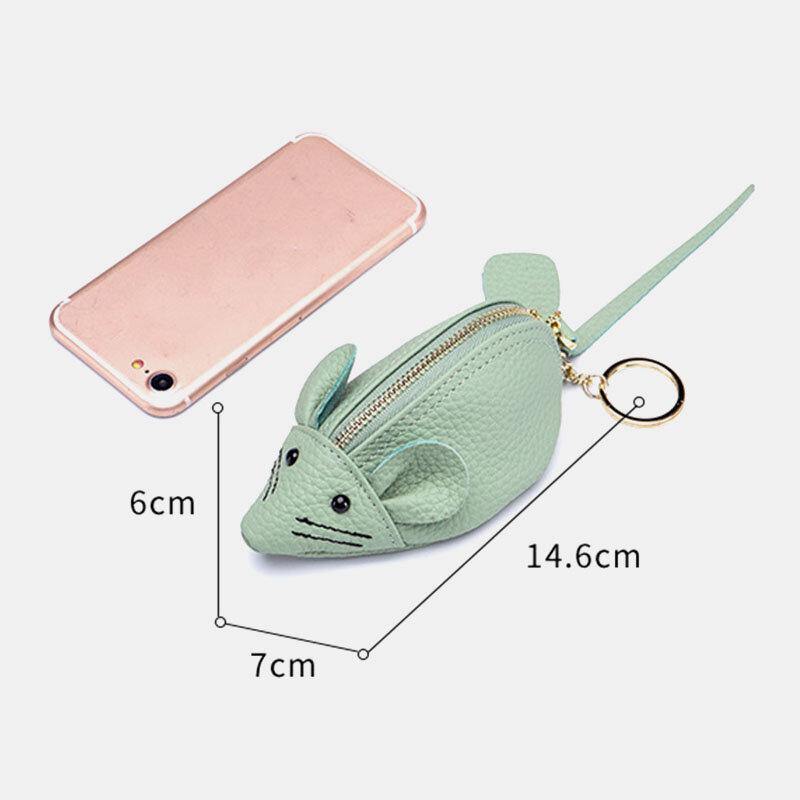 Women Genuine Leather Casual Cute Animal Mouse Pattern Mini Keychain Coin Bag Storage Bag