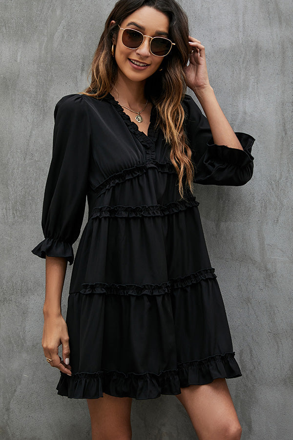 Black and Ruffled V Neck Mini Dress