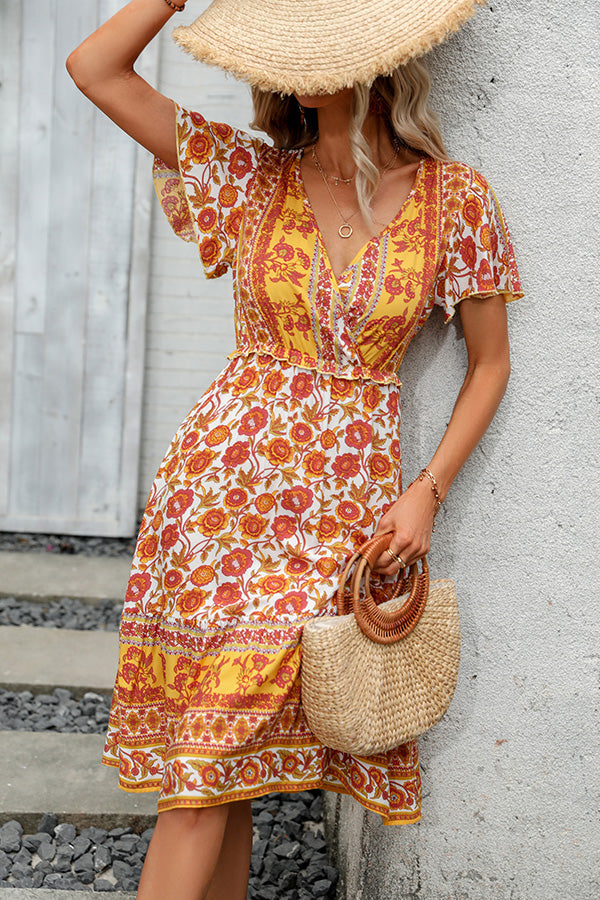 Bohemia Print V Neck Short Sleeve Casual Dress