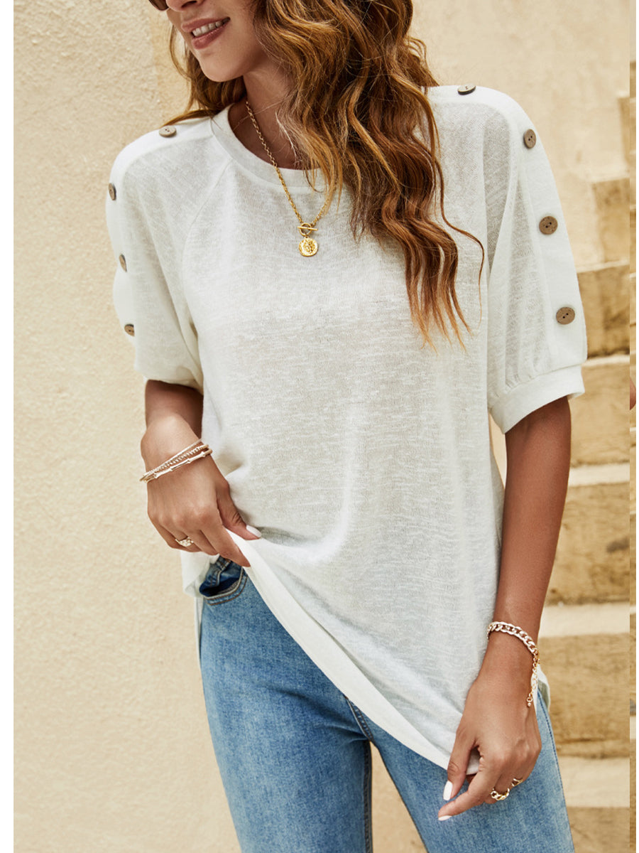 Women's T-Shirts Loose Round Neck Button Casual Half-Sleeve T-Shirt