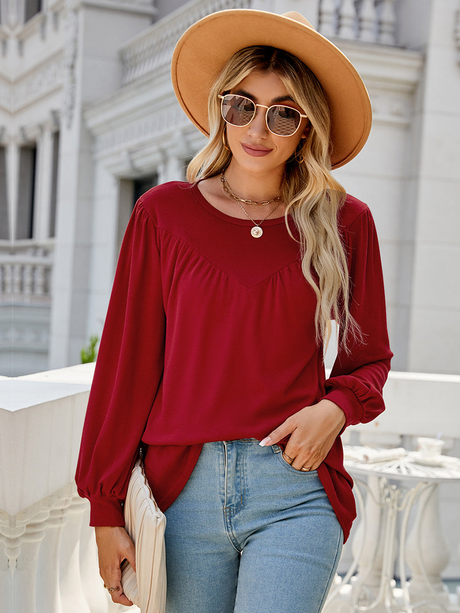 Women’s T-Shirts Lantern Sleeve Round Neck Long Sleeve Casual T-Shirt