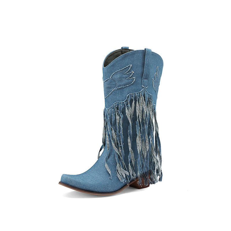 Womens Fringe Denim Western Cowboy Short Boots