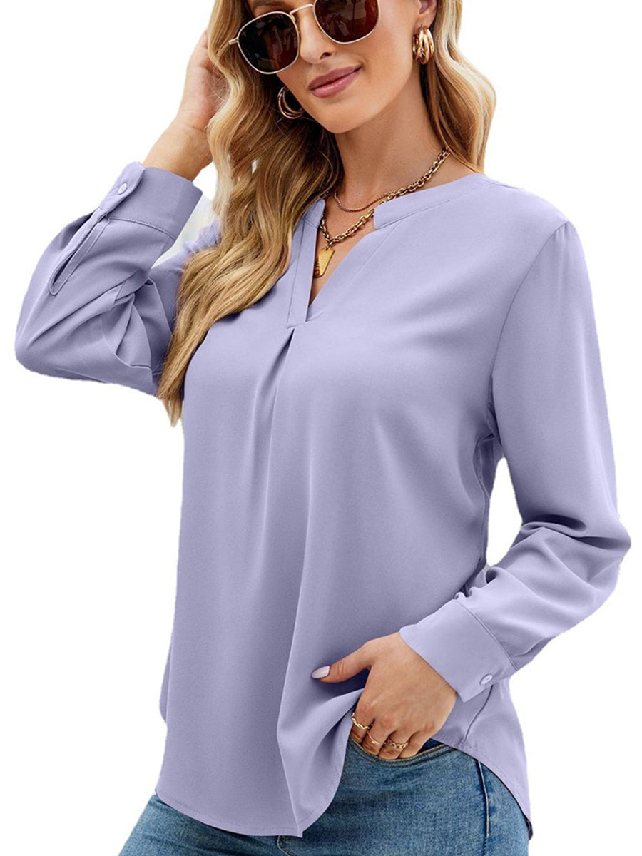 Women’s T-Shirts Solid Color Chiffon Loose V-Neck Long Sleeve T-Shirt