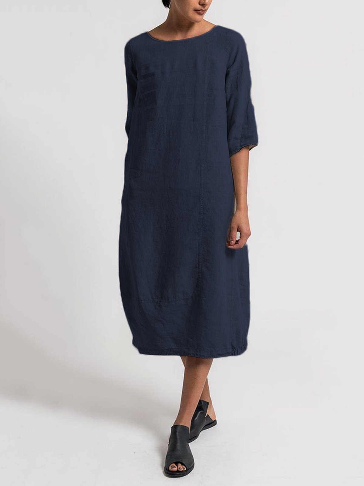 Crew Neck 3/4 Sleeve Casual Solid Casualdress