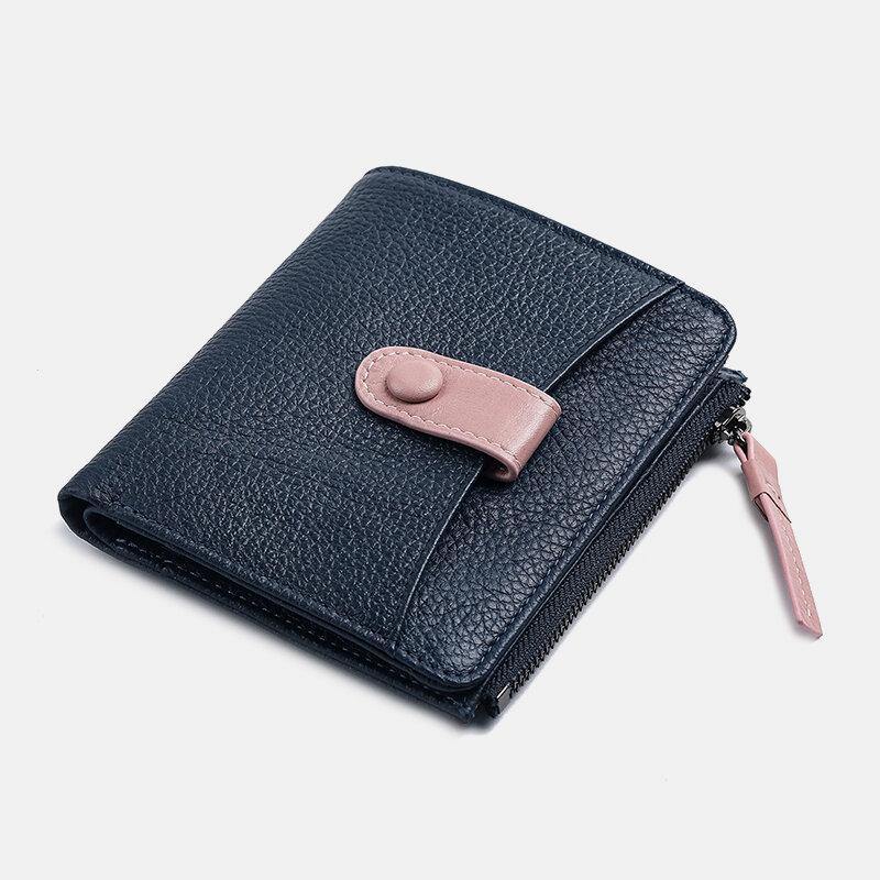 Women Genuine Leather Bifold Hasp Zipper Multifunction Coin Purse Money Clip Short Wallet