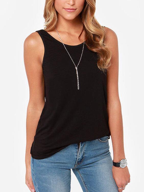 Backless Round Neck Sleeveless Solid Color Tank Tops