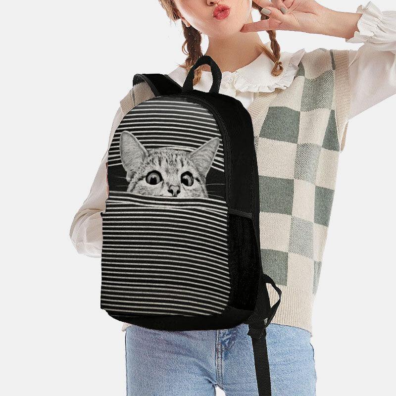 Women Oxford Cloth Large Capacity Cartoon Cat Stripe Pattern Printing Backpack