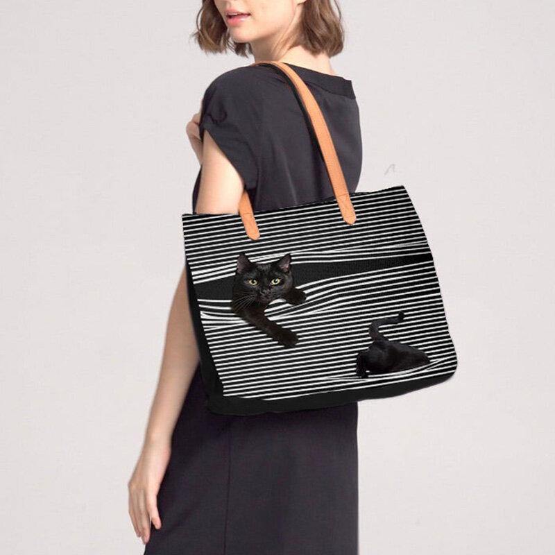 Frauen Leinwand Große Kapazität Streifen Dreidimensionale Cartoon Nette Katze Handtasche Schulter Tasche Tote 