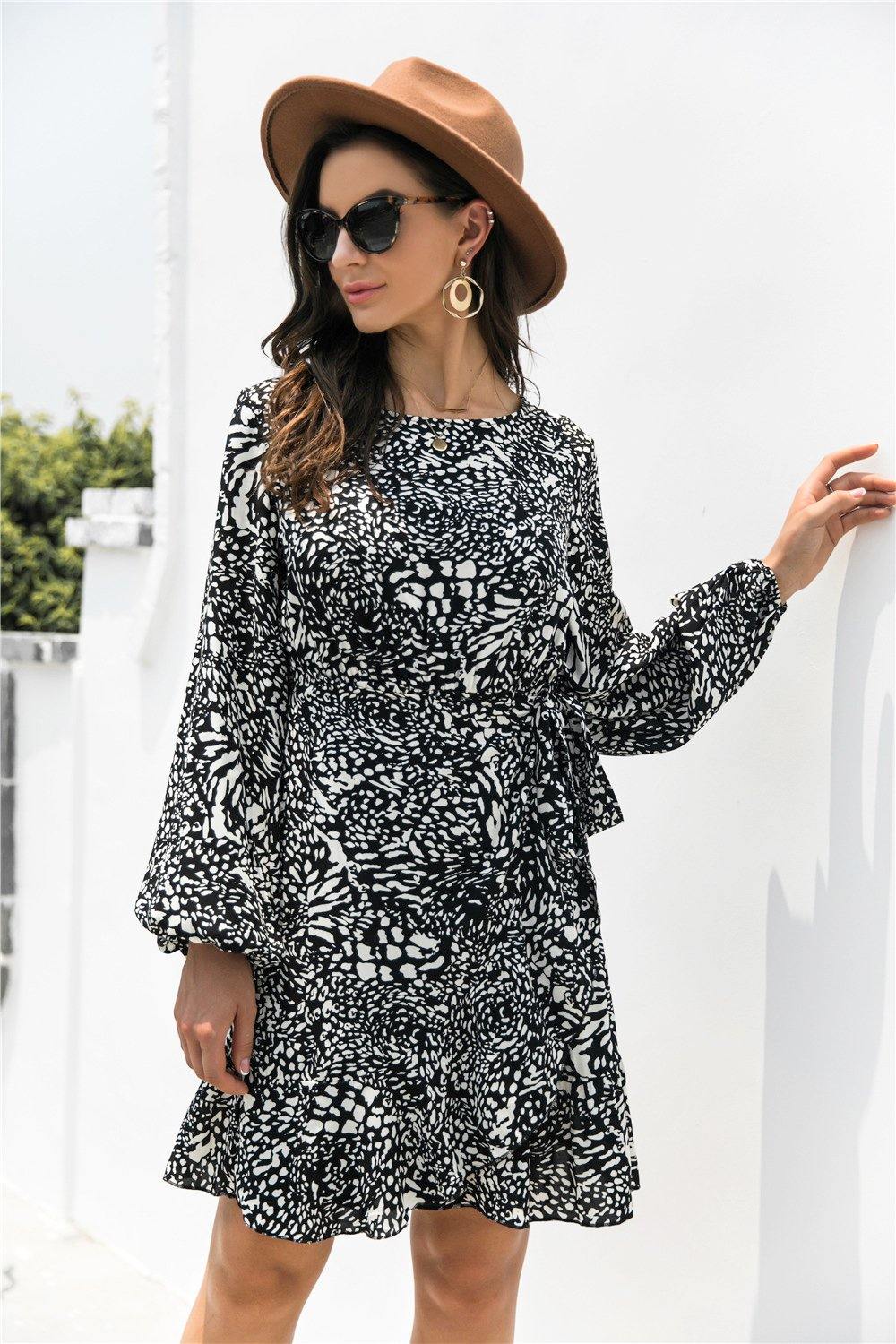 Leopard Wrap Ruffle Hem Dress