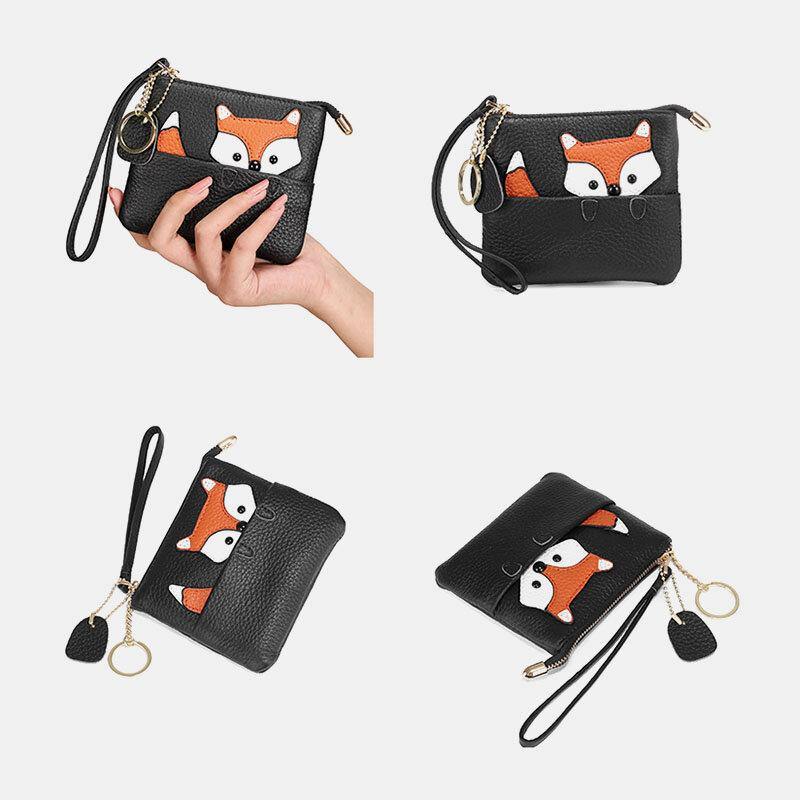 Damen-Geldbörse aus echtem Leder, lässig, niedlich, Outdoor, Cartoon-Tier-Fuchs-Muster, kleine Münztasche 