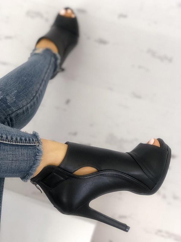 Damen Schwarze Peep-Toe-Stiletto-Schuhe mit Ausschnitt und Sandalen, dünne Stiefeletten mit hohem Absatz