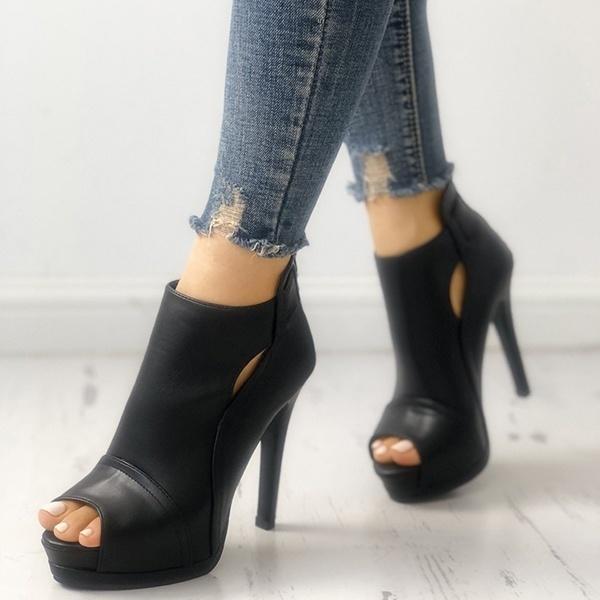 Damen Schwarze Peep-Toe-Stiletto-Schuhe mit Ausschnitt und Sandalen, dünne Stiefeletten mit hohem Absatz