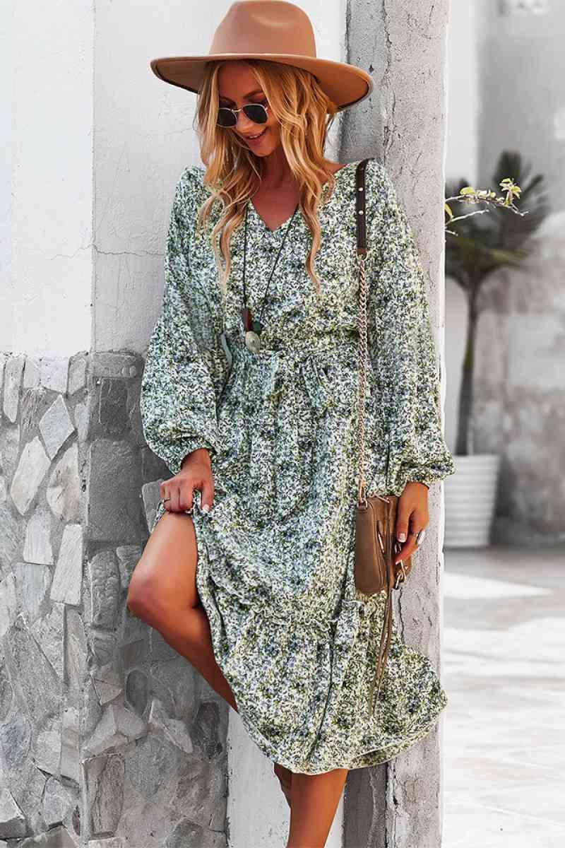 Floral V-Neck Ruffle Swing Dress