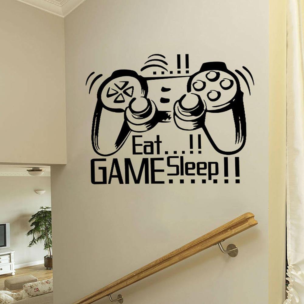 Creative Art Game Handle Wall Stickers "EAT SLEEP GAME" Black Vinyl Removable Printed Game Lovers Bedroom Wall Stickers Hot Play Game Handle Living Room Bedroom Personality Decoration Wall Stickers